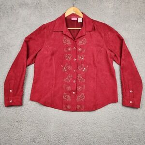 Pappagallo Shirt Womens Large Vintage Velour Embroidered long sleeve Button up